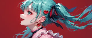 score_9, score_8_up, score_7_up, 1girl, solo, vampiremiku, heart facial, gree eyes, heart eyes, fangs, smile, open mouth, aqua hair, twintails, heart hair ornament, hair ribbon, black ribbon, aqua eyes, jirai kei, frills, pink shirt, frilled shirt collar, long sleeves, black skirt, ear piercing, earrings, bandaid on neck, from side, red background, GyokaiOnonoimokoStyle, profile