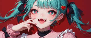 score_9, score_8_up, score_7_up, 1girl, solo, vampiremiku, heart facial, gree eyes, heart eyes, fangs, smile, open mouth, aqua hair, twintails, heart hair ornament, hair ribbon, black ribbon, aqua eyes, jirai kei, frills, pink shirt, frilled shirt collar, long sleeves, black skirt, ear piercing, earrings, bandaid on neck, red background