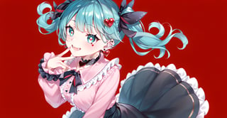 1girl, solo, vampiremiku, heart facial, gree eyes, heart eyes, fangs, smile, open mouth, aqua hair, twintails, heart hair ornament, hair ribbon, black ribbon, aqua eyes, jirai kei, frills, pink shirt, frilled shirt collar, long sleeves, black skirt, ear piercing, earrings, bandaid on neck, red background, Rabbit Hole Pure Pure,score_9, score_8_up