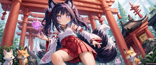 score_9, score_8_up, score_7_up, masterpiece, source anime, BREAK, 1girl, solo, miko, detached sleeves, hakama skirt, necklace, fox ears, kitsune, multiple tails, fox tails,glowing eyes, blush, idol pose, Torii, shrine,femdom, solo_focus, thick thighs, goth, purple eyes, toned,dark skin
,glass,Reagan Long