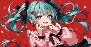 1girl, solo, vampiremiku, heart facial, gree eyes, heart eyes, fangs, smile, open mouth, aqua hair, twintails, heart hair ornament, hair ribbon, black ribbon, aqua eyes, jirai kei, frills, pink shirt, frilled shirt collar, long sleeves, black skirt, ear piercing, earrings, bandaid on neck, red background, Rabbit Hole Pure Pure,score_9, score_8_up