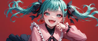 score_9, score_8_up, score_7_up, 1girl, solo, vampiremiku, heart facial, gree eyes, heart eyes, fangs, smile, open mouth, aqua hair, twintails, heart hair ornament, hair ribbon, black ribbon, aqua eyes, jirai kei, frills, pink shirt, frilled shirt collar, long sleeves, black skirt, ear piercing, earrings, bandaid on neck, red background