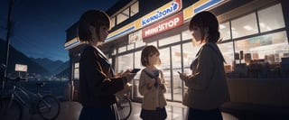 (Depth of field, 8k, 4k, wallpaper, cinematic angle, cinematic lighting) (masterpiece, best quality:1.2), (2girls), (short hair), (long hair), short hair and long hair girl, serafuku, brown hair, brown eyes, night, scenery, konbini, Convenience store, Mountain and countryside in the background, street, facing each other, holding hands, road,ministop, smile