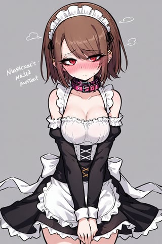 1girl, solo, short hair, brown hair, red eyes, collar,maid,blush