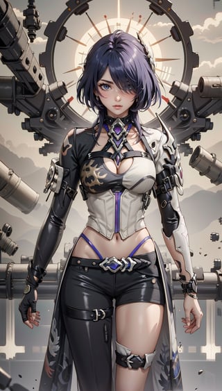 Illustration of a steampunk explorer in a post apocalyptic setting, surrounded by machine parts, mechanical UI, and post apocalyptic landscapes, Surreal steampunk Art Style, Influenced by Deviantart and Ghost in the Shell anime,Render 
,saint_cloth divine_armor,hair over one eye