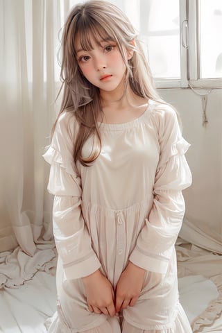 High Quality, Lossless, Clean, Raw, High Quality, Lossless, Clean, Raw, HD, girl, alone, clear lights, bangs in her hair, yellow eyes, beautiful girl, perfect body, Color Booster,Realism,Portrait, White pajamas, Pajamas, (Shy expression:1.5), Lying, Flirtatious smile, Pajamas Dress , no makeup