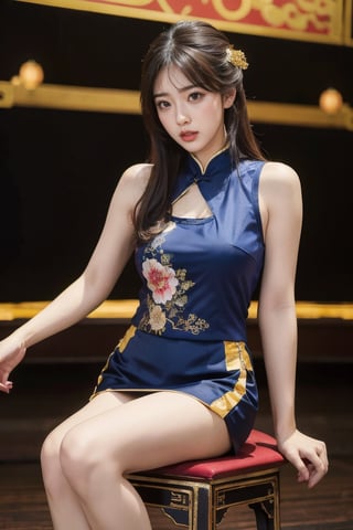 8K, high-definition quality, long lens, panoramic, realistic, full-body shooting (photo realism: 1.9), imagine a radiant girl wearing a luxurious traditional Chinese cheongsam sitting proudly on a brightly lit T stage chair. Her figure and elegance highlight the gorgeousness and cultural heritage of her clothing, creating a harmonious fusion of ancient elegance and contemporary fashion.
