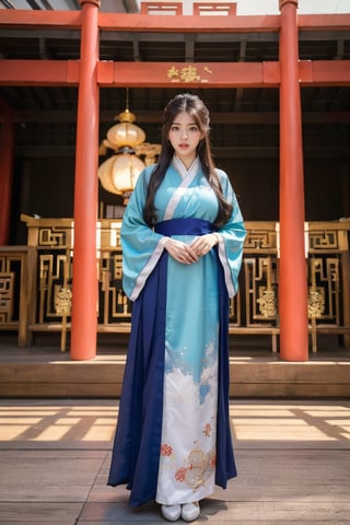 8K, HD quality, long shot,panoramic, realistic, full body shot, (photo realism: 1.9), Envision a radiant girl proudly parading down a well-lit runway in luxurious traditional Chinese Hanfu. Her posture and grace accentuate the magnificence and cultural heritage of the attire, creating a harmonious blend of ancient elegance and contemporary fashion