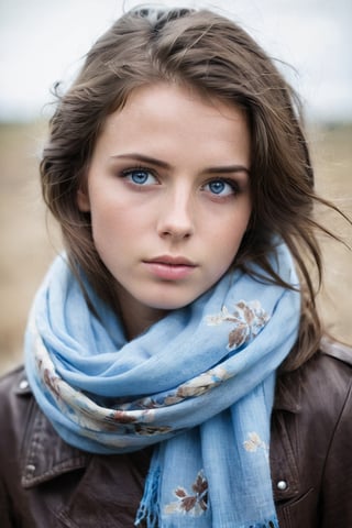 A contemplative portrait of a young woman with windblown brunette hair, her piercing blue eyes conveying a pensive, thoughtful mood as she gazes inward, [framed by the soft lighting and muted tones of a rustic, rural setting], [with the floral scarf lending a touch of warmth and femininity to the scene]