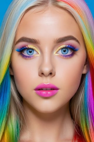 close-up of a woman with  her long hair is rainbow colored, Heterochromia blue eyes, sydney sweeney, her hair is rainbow colored and big eyes, dasha taran, blonde hair and blue eyes, her long hair is rainbow colored and big eyes, full esthetic lips, face like ester exposito, 19 years old, extremely beautiful one face,  Alla Bruletova, ,guttojugg1