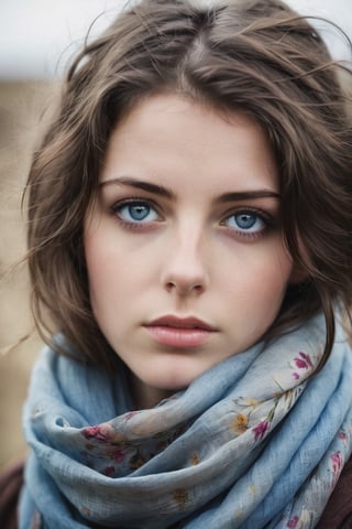A contemplative portrait of a young woman with windblown brunette hair, her piercing blue eyes conveying a pensive, thoughtful mood as she gazes inward, [framed by the soft lighting and muted tones of a rustic, rural setting], [with the floral scarf lending a touch of warmth and femininity to the scene]