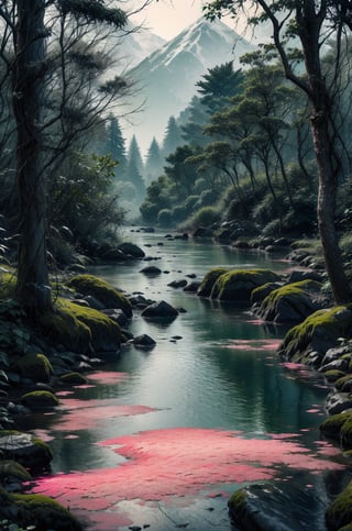 A calm, dark forest at night, illuminated by soft blue light filtering through the trees overhead. A small multi-level mountain stream meanders through the center of the forest, reflecting the heavenly glow on its surface. Delicate pink, yellow and red flowers bloom on either side of the stream, adding color to the monochrome scene. The forest floor is covered with moss and ferns, creating the overall feeling of a mystical, enchanted forest. The moonlight falls dimly on the water, cutting through the silence of the night. An old cherry tree, standing quietly by the water, softly crumbles under the gusts of a weak wind, its pink petals, lifted by a breath of light wind, travel through the forest,DonMD34thM4g1c,nhaythoaty,fantasy00d