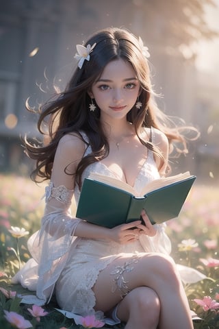  A beautiful woman. Best Quality, Crazy Details and Sharp Focus, Masterpiece, Professional, Award Winning, Fine Detail, High Detail, UHD, 64k, Soft Look,shy,smile,evening, a white seat put front of flower field and a woman reading book down there,wind