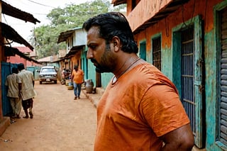 real Indian man, dark thin hair,  faceless, profile, fatty, gentle, t-shirt, like a property dealer, orange cloths, shoing a property with clint 
