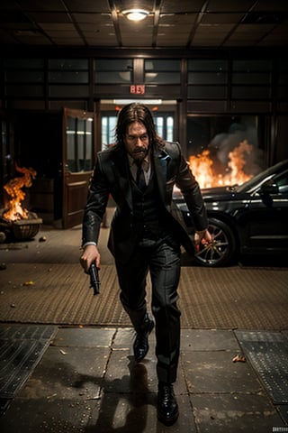 ((Panoramic and open wide shot)), masterpiece, excellent quality, 
perfect hands,epic running fast shooting machine gun with flames, photo realistic "John Wick",  with pistol and machine gun , 
different weapons
knives, katanas, submachine guns, grenades, in a shootout with other men, thriller style, aggressive pose, modern black and white Gucci suit, armed gun, photorealistic, highly detailed, blurry photo, intricate, incredibly detailed, super detailed, gangster texture, detailed , crazy, soft lights and shadows