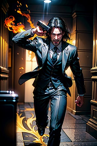 open wide shot, masterpiece, excellent quality, 
perfect hands,epic running fast shooting machine gun with flames, photo realistic Keanu Reeves John Wick with pistol and machine gun , thriller style, aggressive pose, modern black and white Gucci suit, armed gun, photorealistic, highly detailed, blurry photo, intricate, incredibly detailed, super detailed, gangster texture, detailed , crazy, soft lights and shadows