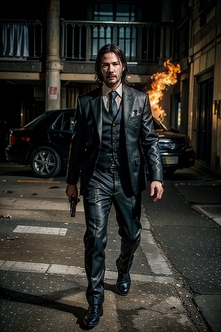 ((Panoramic and open wide shot)), masterpiece, excellent quality, 
perfect hands,epic running fast shooting machine gun with flames, photo realistic Keanu Reeves John Wick with pistol and machine gun , 
different weapons
knives, katanas, submachine guns, grenades, in a shootout with other men, thriller style, aggressive pose, modern black and white Gucci suit, armed gun, photorealistic, highly detailed, blurry photo, intricate, incredibly detailed, super detailed, gangster texture, detailed , crazy, soft lights and shadows