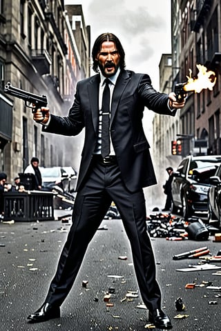  ((Panoramic and open wide shot)), masterpiece, excellent quality, perfect hands,epic running fast shooting machine gun with flames, photo realistic "John Wick", with pistol and machine gun , different weapons knives, katanas, submachine guns, grenades, in a shootout with other men, thriller style, aggressive pose, modern black and white Gucci suit, armed gun, photorealistic, highly detailed, blurry photo, intricate, incredibly detailed, super detailed, gangster texture, detailed , crazy, soft lights and shadows