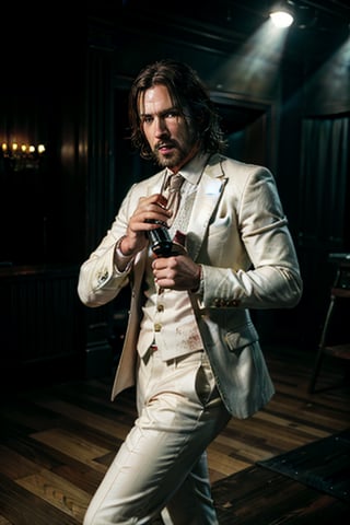 ((Panoramic and open wide shot)), masterpiece, excellent quality, 
perfect hands,epic running fast shooting machine gun with flames, photo realistic "John Wick", singing with gun ((wearing a bright white suit and guitar and singing into a microphone))
different weapons
knives, katanas, submachine guns, grenades, in a shootout with other men, thriller style, aggressive pose, modern black and white Gucci suit, armed gun, photorealistic, highly detailed, blurry photo, intricate, incredibly detailed, super detailed, gangster texture, detailed , crazy, soft lights and shadows