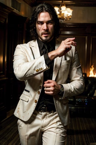 ((Panoramic and open wide shot)), masterpiece, excellent quality, 
perfect hands,epic running fast shooting machine gun with flames, photo realistic "John Wick", singing ((wearing a bright white suit and guitar and singing into a microphone))
different weapons
knives, katanas, submachine guns, grenades, in a shootout with other men, thriller style, aggressive pose, modern black and white Gucci suit, armed gun, photorealistic, highly detailed, blurry photo, intricate, incredibly detailed, super detailed, gangster texture, detailed , crazy, soft lights and shadows