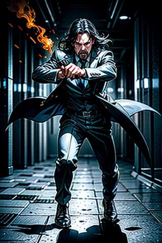 open wide shot, masterpiece, excellent quality, 
perfect hands,epic running fast shooting machine gun with flames, photo realistic Keanu Reeves John Wick with pistol and machine gun , thriller style, aggressive pose, modern black and white Gucci suit, armed gun, photorealistic, highly detailed, blurry photo, intricate, incredibly detailed, super detailed, gangster texture, detailed , crazy, soft lights and shadows