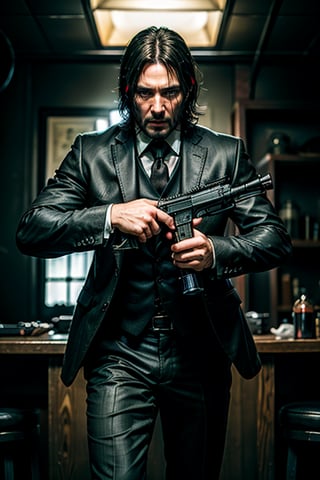  ((Panoramic and open wide shot)), masterpiece, excellent quality, perfect hands,epic running fast shooting machine gun with flames, photo realistic "John Wick", with pistol and machine gun , different weapons knives, katanas, submachine guns, grenades, in a shootout with other men, thriller style, aggressive pose, modern black and white Gucci suit, armed gun, photorealistic, highly detailed, blurry photo, intricate, incredibly detailed, super detailed, gangster texture, detailed , crazy, soft lights and shadows