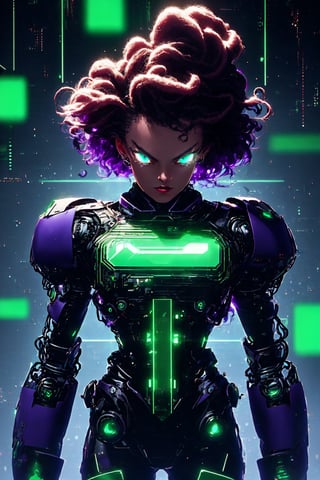 centered, digital art, upper body, (beautiful detailed eyes:1.2), | solo, ebony woman, wearing the black and purple cybernetic armor with green parts of Space Woman, tight bodysuit, black hair, dreadlock hair, emerald eyes, muscular proportions, | in a dungeon made all of metal, | bokeh , depth of field,Robot_Master,r1ge,hackedtech,scifi,lewd,nsfw
