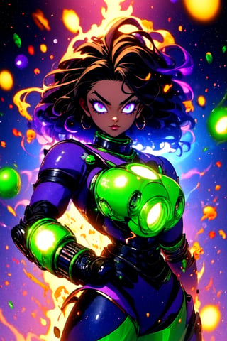 centered, digital art, upper body, (beautiful detailed eyes:1.2), | solo, ebony woman, wearing the black and purple cybernetic armor with green parts of Space Woman, tight bodysuit, black hair, dreadlock hair, emerald eyes, muscular proportions, | in a dungeon made all of metal, | bokeh , depth of field,Robot_Master,r1ge