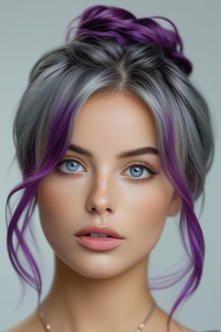 bellissima 1girl, solo, looking at viewer, blue eyes, simple background, jewelry, upper body, purple hair, parted lips, grey background, necklace, hair bun, lips, eyelashes, messy hair, portrait, freckles, realistic, nose, 50mm . cinematic 4k epic detailed 4k epic detailed photograph shot on kodak detailed cinematic hbo dark moody, 35mm photo, grainy, vignette, vintage, Kodachrome, Lomography, stained, highly detailed, found footage,thm style