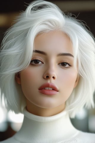 bellissima 1girl, solo, looking at viewer, brown eyes, upper body, white hair, parted lips, blurry, sweater, lips, blurry background, turtleneck, turtleneck sweater, realistic, white sweater, 50mm . cinematic 4k epic detailed 4k epic detailed photograph shot on kodak detailed cinematic hbo dark moody, 35mm photo, grainy, vignette, vintage, Kodachrome, Lomography, stained, highly detailed, found footage,thm style