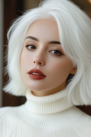 bellissima 1girl, solo, looking at viewer, brown eyes, upper body, white hair, parted lips, blurry, sweater, lips, blurry background, turtleneck, turtleneck sweater, realistic, white sweater, 50mm . cinematic 4k epic detailed 4k epic detailed photograph shot on kodak detailed cinematic hbo dark moody, 35mm photo, grainy, vignette, vintage, Kodachrome, Lomography, stained, highly detailed, found footage,thm style