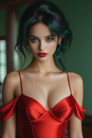 bellissima 1girl, solo, breasts, looking at viewer, black hair, dress, cleavage, bare shoulders, green eyes, collarbone, upper body, parted lips, blurry, lips, eyelashes, blurry background, red dress, messy hair, realistic, 50mm . cinematic 4k epic detailed 4k epic detailed photograph shot on kodak detailed cinematic hbo dark moody, 35mm photo, grainy, vignette, vintage, Kodachrome, Lomography, stained, highly detailed, found footage,thm style