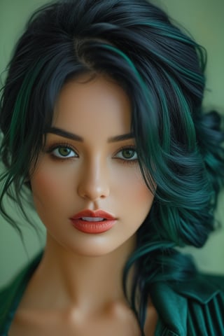 bellissima, 1girl, solo, looking at viewer, black hair, green eyes, parted lips, choker, blurry, lips, eyelashes, depth of field, blurry background, messy hair, portrait, realistic, nose, 50mm . cinematic 4k epic detailed 4k epic detailed photograph shot on kodak detailed cinematic hbo dark moody, 35mm photo, grainy, vignette, vintage, Kodachrome, Lomography, stained, highly detailed, found footage,thm style