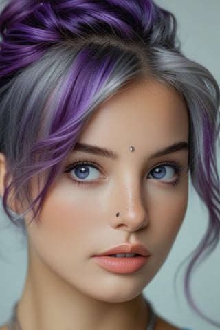 bellissima 1girl, solo, looking at viewer, blue eyes, simple background, jewelry, upper body, purple hair, parted lips, grey background, necklace, hair bun, lips, eyelashes, messy hair, portrait, freckles, realistic, nose, 50mm . cinematic 4k epic detailed 4k epic detailed photograph shot on kodak detailed cinematic hbo dark moody, 35mm photo, grainy, vignette, vintage, Kodachrome, Lomography, stained, highly detailed, found footage,thm style