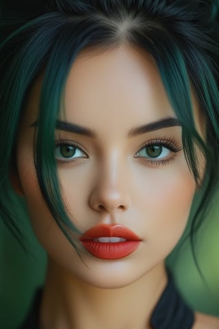 bellissima, 1girl, solo, looking at viewer, black hair, green eyes, parted lips, choker, blurry, lips, eyelashes, depth of field, blurry background, messy hair, portrait, realistic, nose, 50mm . cinematic 4k epic detailed 4k epic detailed photograph shot on kodak detailed cinematic hbo dark moody, 35mm photo, grainy, vignette, vintage, Kodachrome, Lomography, stained, highly detailed, found footage,thm style