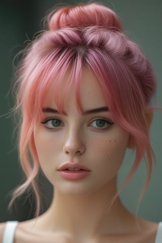 bellissima 1girl, solo, looking at viewer, bangs, simple background, dress, bare shoulders, green eyes, collarbone, pink hair, parted lips, hair bun, lips, eyelashes, double bun, messy hair, portrait, freckles, realistic, spaghetti strap, nose, nose , nose, 50mm . cinematic 4k epic detailed 4k epic detailed photograph shot on kodak detailed cinematic hbo dark moody, 35mm photo, grainy, vignette, vintage, Kodachrome, Lomography, stained, highly detailed, found footage,thm style