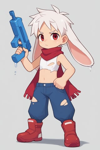 solo,male,shota,lop_boy,long ear,white ear,white hair,red eyes,BREAK,
red scarf, torn_clothing,BREAK,
crop_top,
pointing water gun at viewer,wet,
score_9,score_8_up,score_7_up,score_6_up,score_5_up,score_4_up,masterpiece,chibi