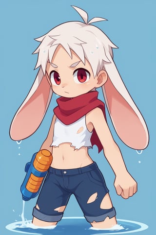 solo,male,shota,lop_boy,long ear,white ear,white hair,red eyes,BREAK,
red scarf, torn_clothing,BREAK,
crop_top,
pointing water gun at viewer,wet,
score_9,score_8_up,score_7_up,score_6_up,score_5_up,score_4_up,masterpiece,chibi