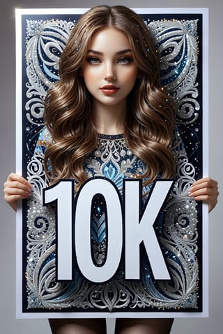 (((holding sign with "10k" written))), (masterpiece, top quality, best quality, official art, beautiful and aesthetic:1.2), (1girl),(beautiful supermodel),craft a hyper detailed photo of a beautiful girl, absurdres, highres, ultra detailed, Ultra-precise depiction, solo, (zentangle:1.2), floating hair, shiny skin, (abstract:1.2), pantyhose,looking at viewer,,glitter,(((holding sign with "10k" written))),text as "10K"