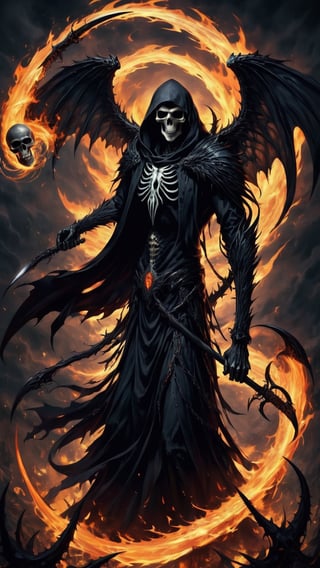 Grim Reaper, fire, sickle, world, soul, darkness, black, wings, flying, fear, thorny face,