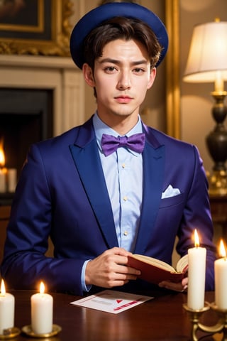 1boy, black headwear, blurry, blurry background, book, bow, bowtie, brown eyes, candle, card, dog, clothed animal, fire, formal, hat, indoors, jacket, lamp, looking at viewer, male focus, no humans, purple bow, purple bowtie, realistic, shirt, upper body