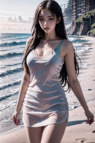 AgainSuspenderPajamas, suspender pajamas, 1girl, breasts, long hair, (sea and beach and  outdoors:1.4), 