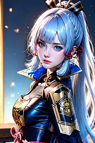 1girl,upper body, kamisato ayaka, solo, blue eyes, long hair, looking at viewer, ponytail, armor, blunt bangs, ribbon, hair ribbon, lips, white hair, tress ribbon, from side, breastplate, sidelocks, hair ornament, jacket, realistic, pink ribbon, nose, closed mouth, armored dress, blue jacket, japanese armor, long sleeves, blue hair, mole, mole under eye, blue capelet, high ponytail, looking to the side, arm guards, light blue hair, indoorssurrounded by brilliant light and dream styledream space background,
