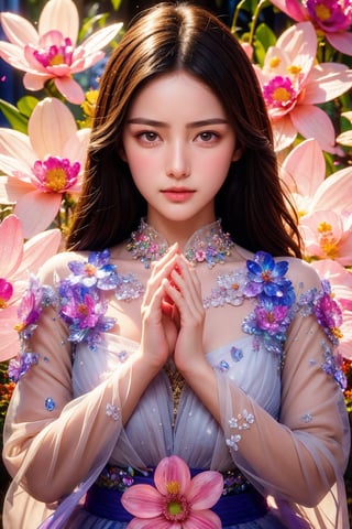 1girl, closed mouth, grey eyes, lips, long hair, long sleeves, looking at viewer, flower, extremely high quality high detail RAW color photo, crystal flower, intricate crystal patterns, translucent petals, prismatic light refraction, sharp, precise edges, detailed textures, luminous glow,