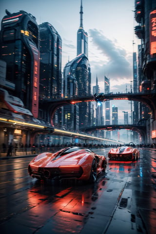 photorealistic, realistic, car, motor vehicle, vehicle focus, no humans, science fiction, aircraft, city, flying, scenery, road, motion blur, building, outdoors, helicopter, sky, cloud, realistic, night, skyscraper, cyberpunk