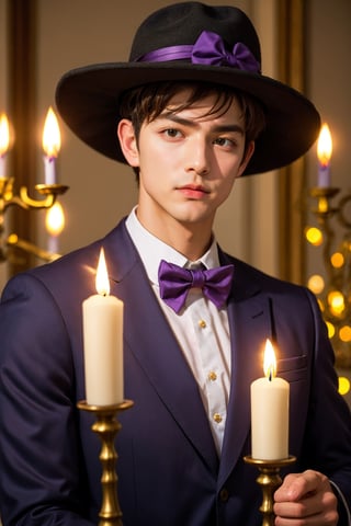 1boy, black headwear, blurry, blurry background, book, bow, bowtie, brown eyes, candle, card, dog, clothed animal, fire, formal, hat, indoors, jacket, lamp, looking at viewer, male focus, no humans, purple bow, purple bowtie, realistic, shirt, upper body