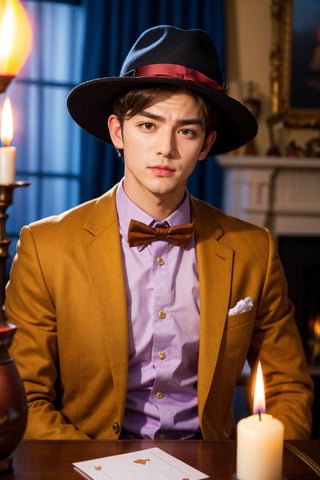 1boy, black headwear, blurry, blurry background, book, bow, bowtie, brown eyes, candle, card, dog, clothed animal, fire, formal, hat, indoors, jacket, lamp, looking at viewer, male focus, no humans, purple bow, purple bowtie, realistic, shirt, upper body