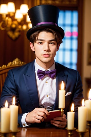 1boy, AgainRealistic_v2.0, animal, animal focus, black headwear, blurry, blurry background, book, bow, bowtie, brown eyes, candle, card, dog, clothed animal, fire, formal, hat, indoors, jacket, lamp, looking at viewer, male focus, no humans, purple bow, purple bowtie, realistic, shirt, solo, suit, table, top hat, upper body