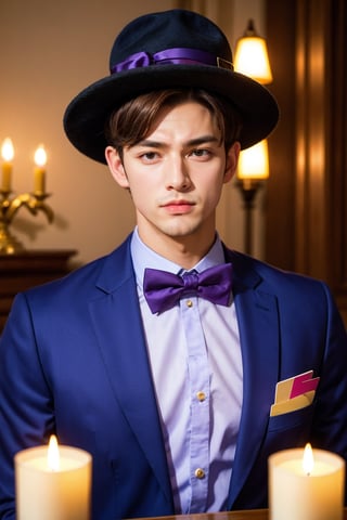 1boy, black headwear, blurry, blurry background, book, bow, bowtie, brown eyes, candle, card, dog, clothed animal, fire, formal, hat, indoors, jacket, lamp, looking at viewer, male focus, no humans, purple bow, purple bowtie, realistic, shirt, upper body