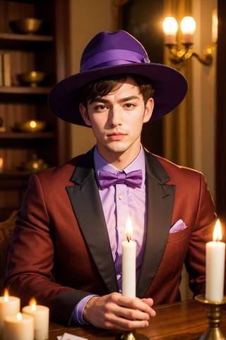 1boy, black headwear, blurry, blurry background, book, bow, bowtie, brown eyes, candle, card, dog, clothed animal, fire, formal, hat, indoors, jacket, lamp, looking at viewer, male focus, no humans, purple bow, purple bowtie, realistic, shirt, upper body